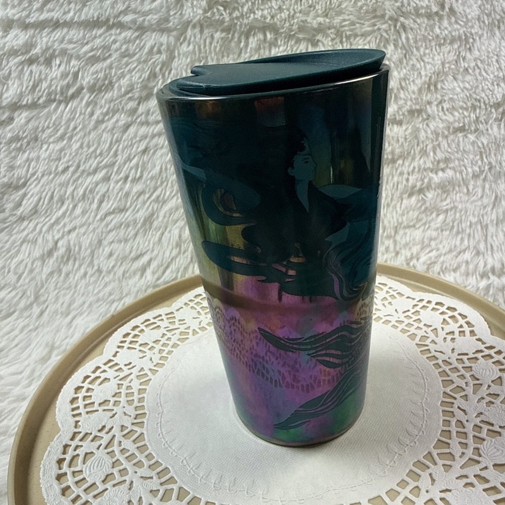 Starbucks 2023 Teal Blue Iridescent Siren Mermaid Ceramic Travel Tumbler Cup Lid - Picture 2 of 11